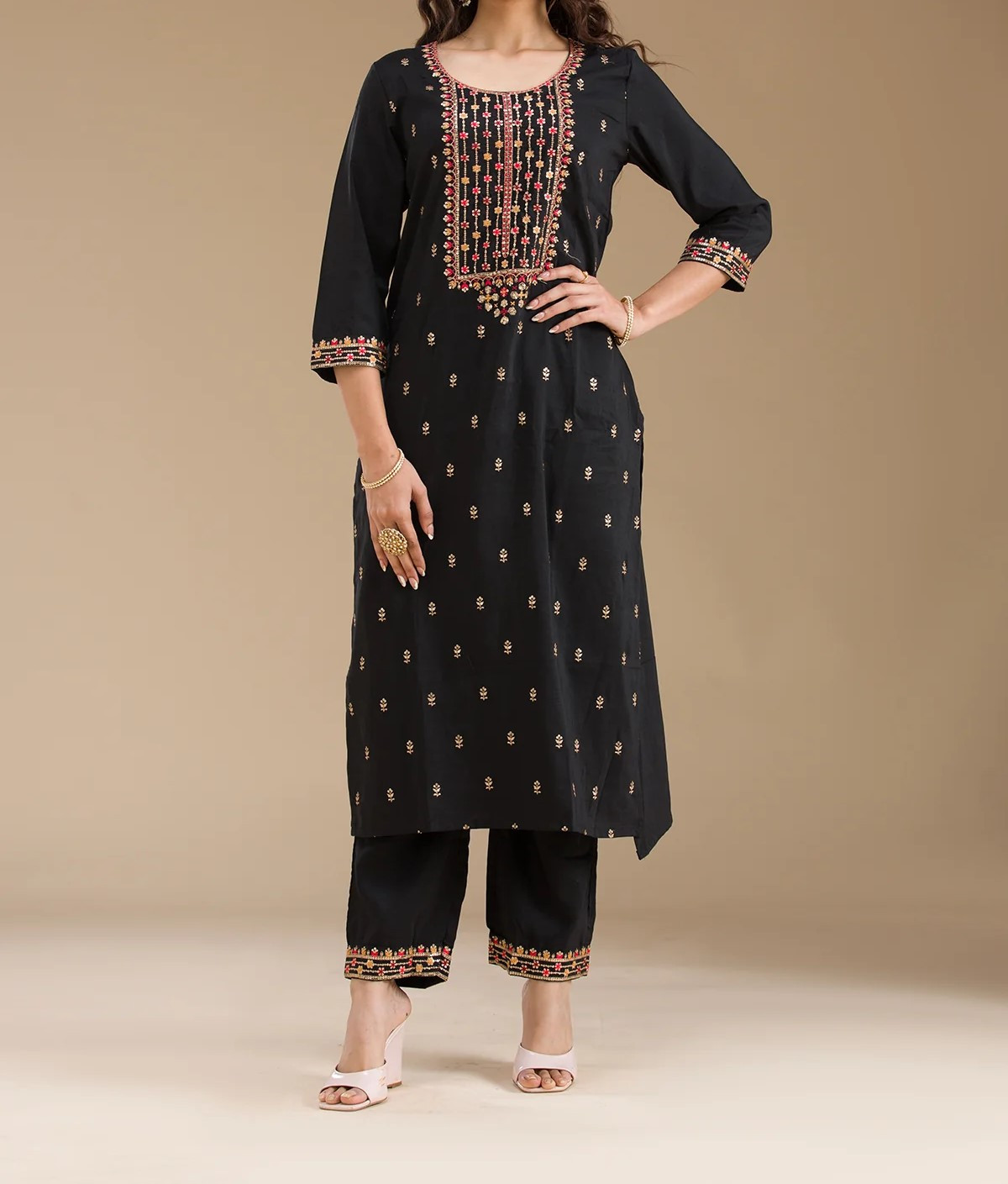 Black Threadwork Semi Crepe Readymade Salwar Suit