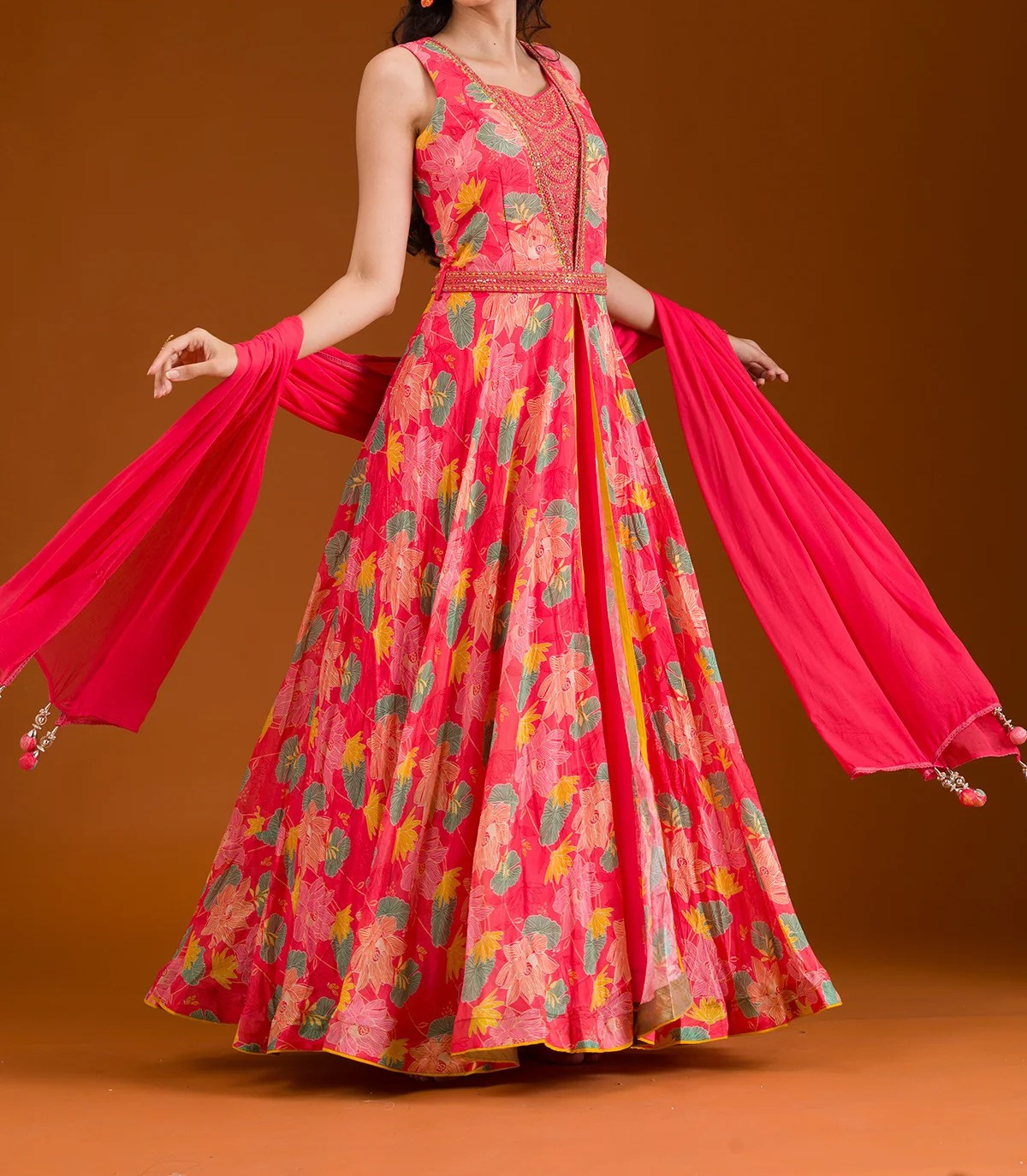 Pink Printed Semi Crepe Readymade Salwar Suit