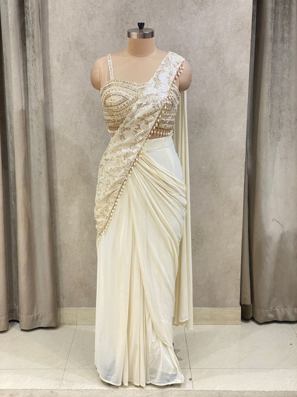 Ivory Draped Saree with Embellished Blouse