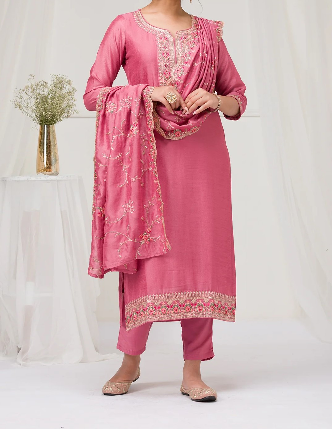 Onion Pink Threadwork Raw Silk Readymade Salwar Suit